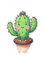 cartoon cactus with pink cheeks, isolated on white background