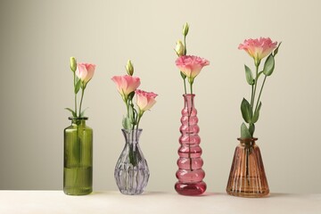 Beautiful eustoma flowers in glass vases on white table against light grey background
