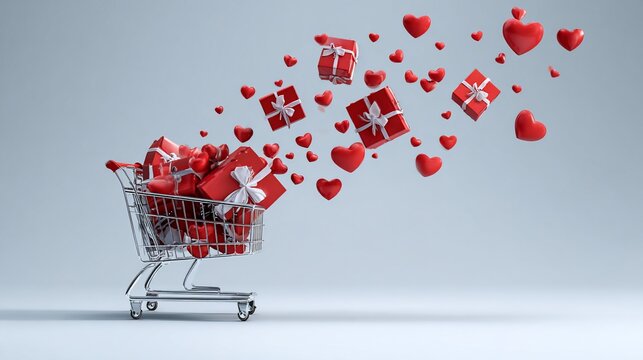 Cart overflowing with red gifts & hearts floating on soft gray background