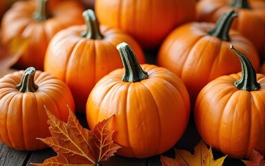 A collection of pumpkins and autumn leaves, symbolizing the fall season. High quality