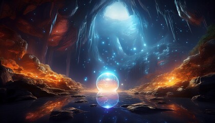 mystical cave illuminated by a floating sphere of radiant energy