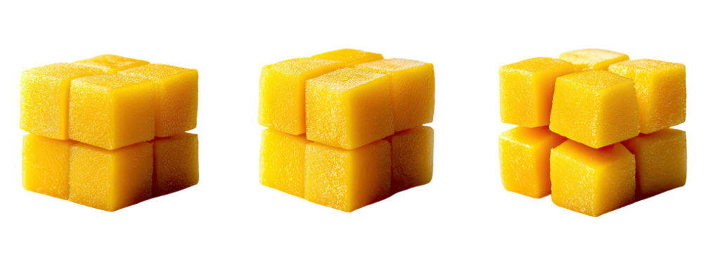 Three vibrant yellow mango cubes, arranged as a 3D puzzle