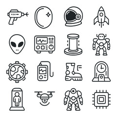 Linear space icon set featuring ray gun, planet, astronaut, rocket, alien, radar, and robot symbols