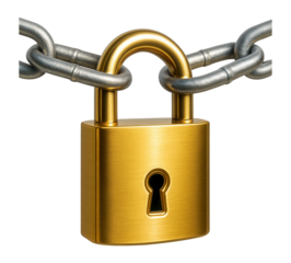 Gold padlock secured by metal chain.