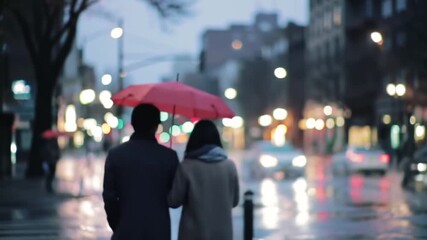 Couple Under Red Umbrella Walking On Wet City Street During Rainy Weather - Powered by Adobe