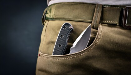 close up view of tactical pants pocket with foldable knife