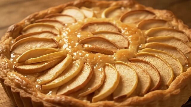 Apple tart with glazed fruit slices arranged in a circular pattern set on a light brown pastry crust