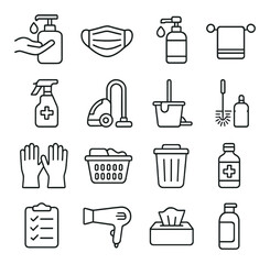 Linear cleaning icon set featuring soap, mask, sanitizer, towel, spray, vacuum, mop, gloves, basket, trash, medicine