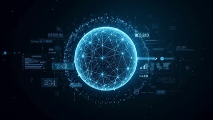 Dynamic glowing digital sphere with data visualizations and network connections in futuristic tech style - Powered by Adobe