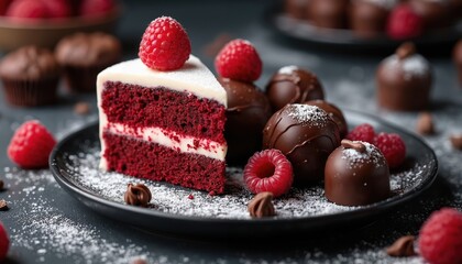 Red velvet cake slice with cream frosting served on black plate with assorted chocolate truffles, fresh raspberries. Rich, decadent dessert platter features artisanal confections dusted with powdered