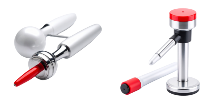 Close Up Of Metallic Pens And Red Detail With Chrome Structure On Transparent Background