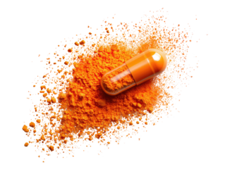 Orange capsule nestled in a scattering of orange powder