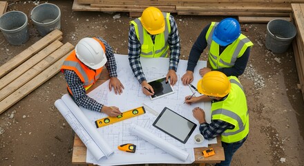 Construction team collaborating on blueprints and tablet at outdoor site, architects and engineers working on project details with modern tools