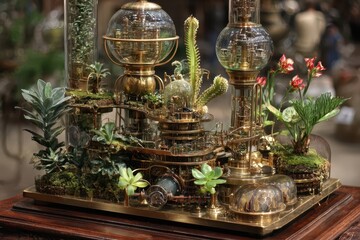 Fototapeta premium Intricate Steampunk Terrarium with Brass Structures, Plants, and Glass Domes on Wooden Table