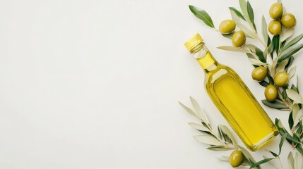 A fresh cluster of green olives with leaves next to a golden bottle of olive oil on a crisp white background
