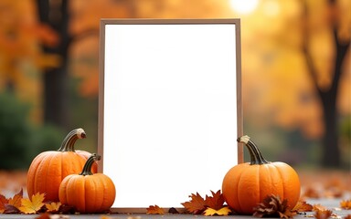 Thanksgiving day autumn festive card with pumpkins, fall autumnal leaves and white photo frame on background of blurred trees in park, empty place for your text. High quality