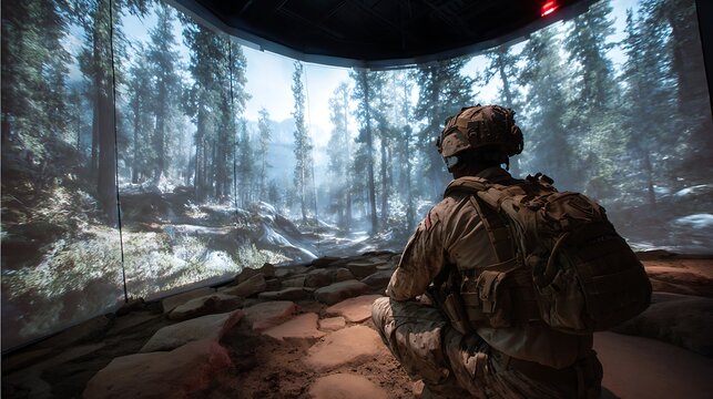 Army soldier in immersive simulator training exercise vr military technology and forest environment simulation