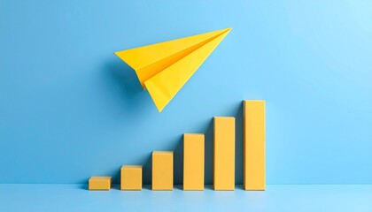 A yellow paper airplane flying above ascending yellow bar graph columns against a blue background
