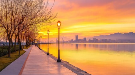 Obraz premium A quiet dawn moment with golden hues on a calm bay, city buildings and lamplit walkway reflecting soft tranquility