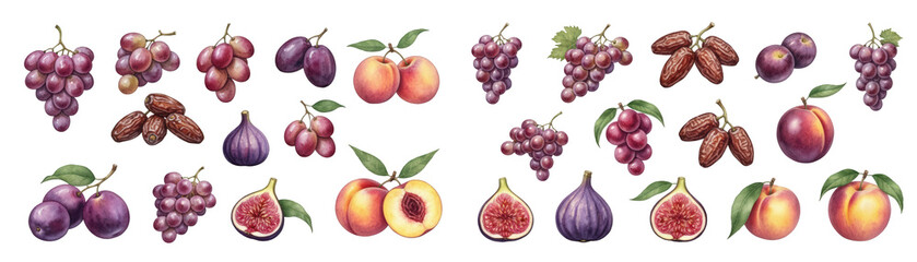 A colorful array of assorted fruits including grapes, figs, peaches, and dates.