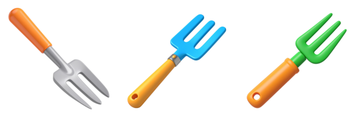 Three Colorful Garden Forks On A Transparent Background