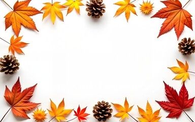 Autumn vibes, thanksgiving day present, seasonal sale concept. Fall composition, background made of dried leaves, pine cones and nuts on white. Copy space. High quality
