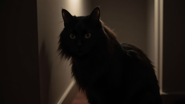 Mysterious black cat with striking green eyes sits in dimly lit hallway, creating intriguing atmosphere