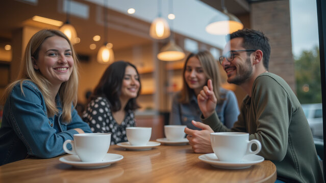 Friendly gathering in cozy cafe with four young adults enjoying coffee and conversation, creating warm and inviting atmosphere