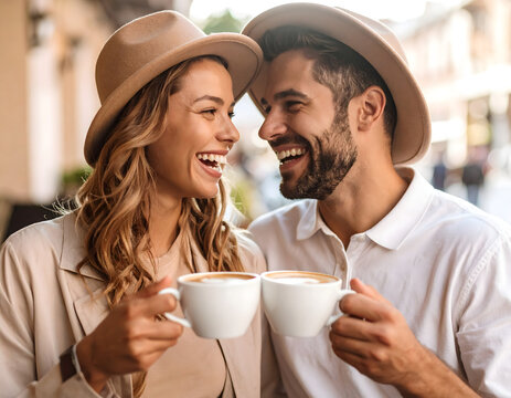 A happy couple is enjoying their coffee while spending quality time together. They both wear hats and are laughing and smiling - Powered by Adobe