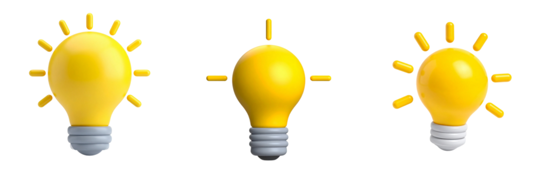 Three Lit Up Yellow Lightbulbs With Transparent Background Representing Ideas And Innovation - Powered by Adobe