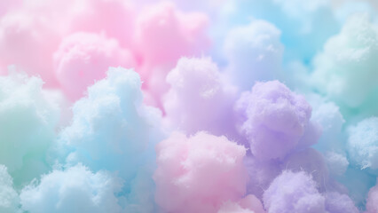 Soft pastel cotton candy in shades of pink, blue, and purple creates whimsical and dreamy atmosphere, perfect for celebrations