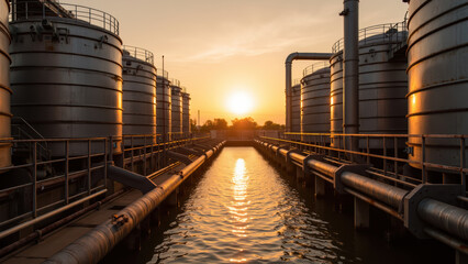 Obraz premium Industrial tanks sunset water reflection pipes storage manufacturing landscape environment technology infrastructure energy facility metal