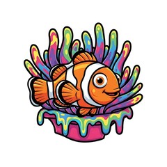 Fototapeta premium Adorable clownfish nestled in vibrant anemone, a whimsical design for kids' products and marine-themed projects