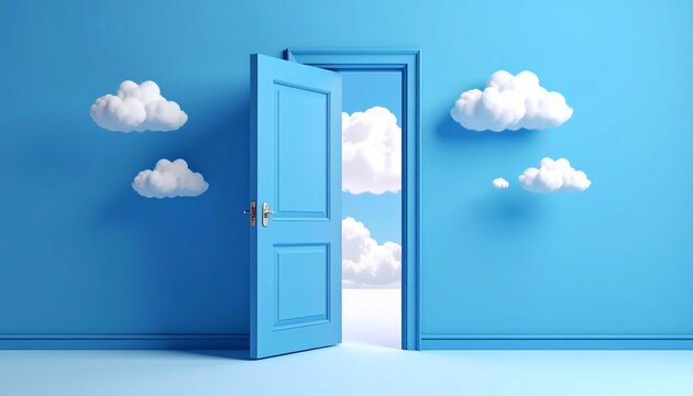 A bright blue door stands open against a matching blue wall,