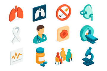 Fototapeta premium Isometric medical icons: lungs, health check, doctor, mri, and microscope