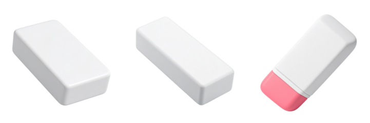 Three White Erasers with Pink Ends and Different Angles on Transparent Background