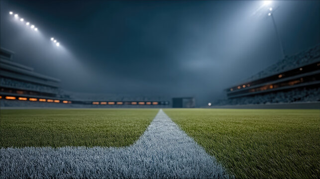 Football stadium field night illuminated tribunes green grass white line empty seats dramatic sky anticipation sports venue