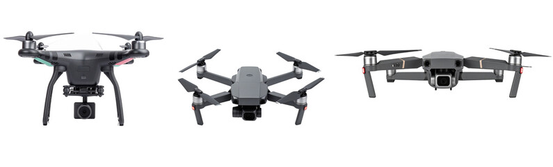 Three Gray Drones Isolated on Transparent Background with Aerial Perspective