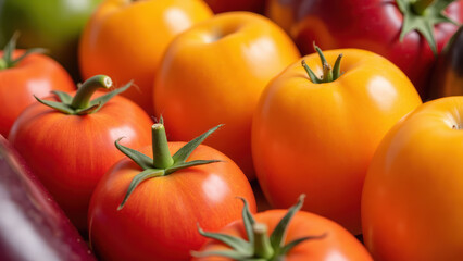 Fresh tomatoes in various colors, including red, orange, and yellow, arranged closely together, showcasing their vibrant hues and natural textures