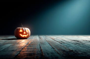 Halloween pumpkin head jack o lantern on dark toned foggy background