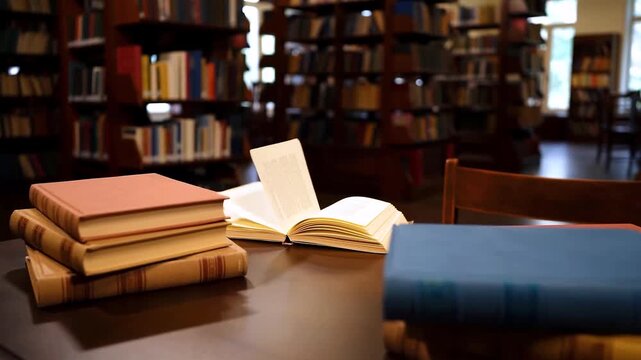 Stacks of books on a dark wooden table in a library with open book pages