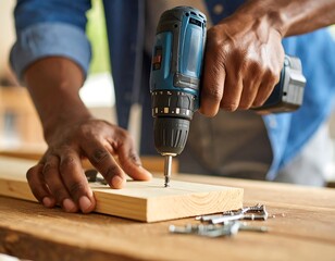 Craftsman using cordless drill to screw wooden board, construction concept, woodworking, handmade