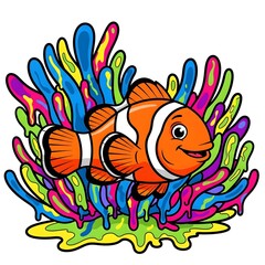 Fototapeta premium Delightful cartoon clownfish swimming happily in vibrant colorful coral reef environment illustration