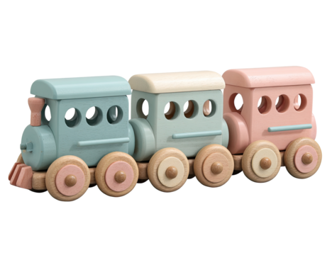 Pastel-colored wooden train set. Three carriages connected, in light teal, cream, and rose.  Simple, rounded shapes.  Wooden wheels, light brown.  A plaything