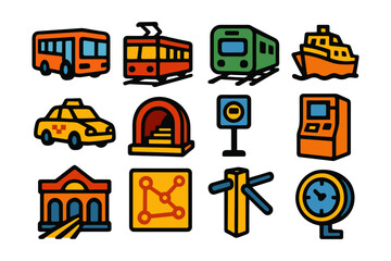 Obraz premium Colorful icons of urban transport and infrastructure for modern designs