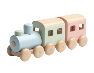 Pastel-colored wooden train toy.  A light-blue engine and two pastel-green and pink passenger cars.  Wooden wheels and simple design.  Ideal for toddlers