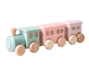 Pastel-colored wooden toy train set.  Three carriages connected to a teal locomotive.  Soft, muted colors teal, light pink, and a very light mauve.  Wooden wheels and accents