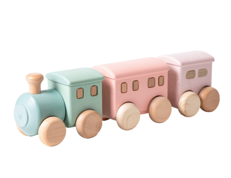 Pastel-colored wooden toy train set.  Three carriages connected to a teal locomotive.  Soft, muted colors teal, light pink, and a very light mauve.  Wooden wheels and accents