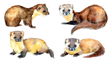 Fototapeta premium Colorful marten with long tail, watercolor illustration on a white background in a realistic style. Template. Hand drawing. Close-up. Clip art