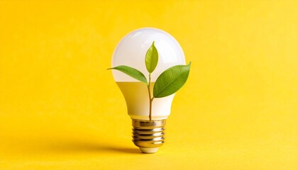 A glowing light bulb with a green plant sprouting inside symbolizes eco-friendly innovation and sustainable ideas on a bright yellow background.